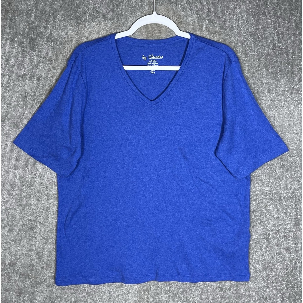 By Chicos Vneck Short Sleeve Top Womens Sz 3 US Size XL Blue Cotton Casual Tee